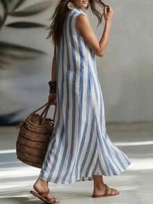 Balvessa Casual Striped Retro Vacation Sleeveless Open Front Shirt Dress, Suitable For Work And Leisure - Multicolor - View 6