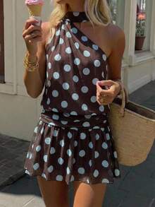 Aloruh Coffee & Blue Polka Dot Knit Print Backless Dress, Elegant Party & Holiday Dress,Summer Dresses For Women - Multicolor - View 1