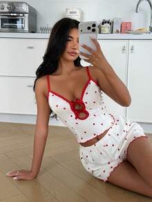 ZzzCrew Women's Sleepwear Set With U-Neck Spaghetti Strap, Bow Tie, Romantic All-Over Heart Print, Ruffle Hem - White - View 4