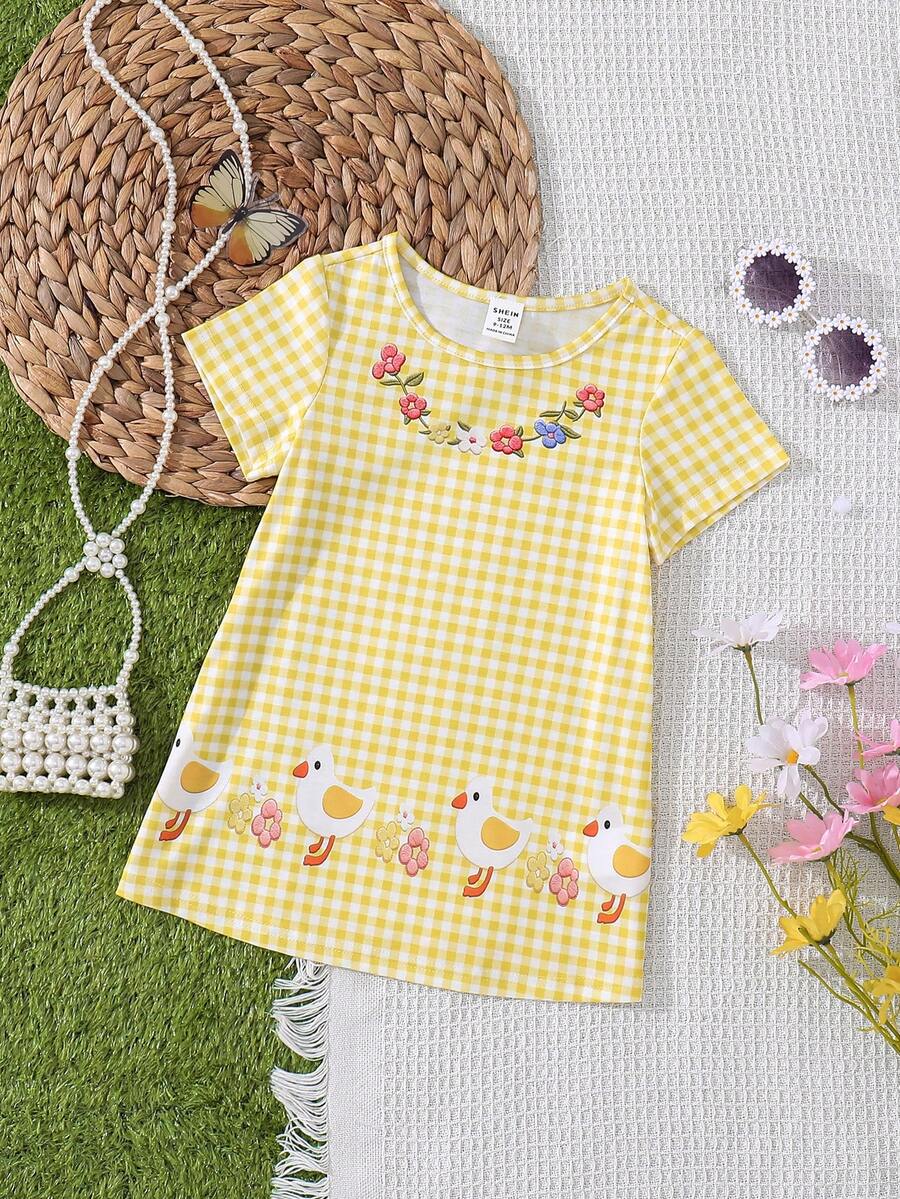 SHEIN 女婴夏季休闲格子卡通印花连衣裙 - 彩色 - 查看 1
