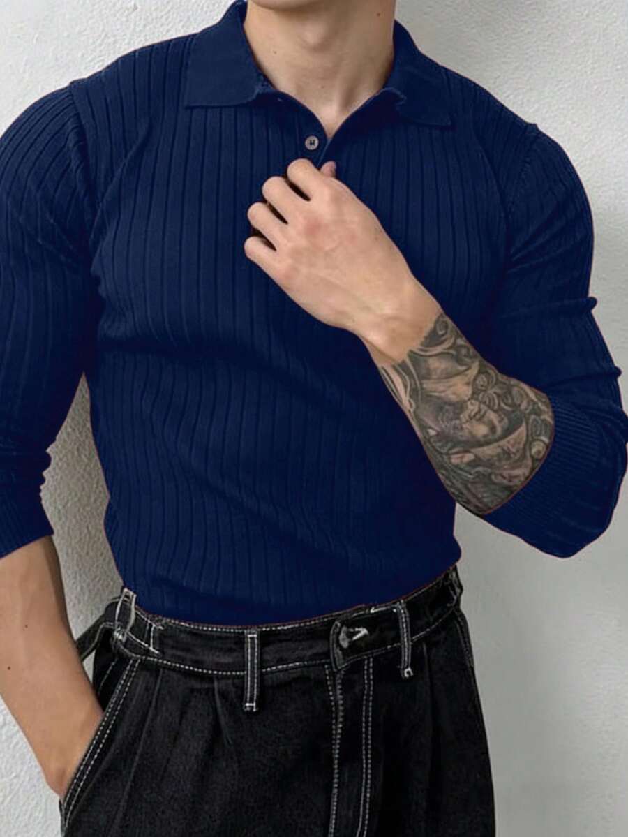 Claim Dot 男士纯色半襟长袖休闲罗纹 Polo 衫，秋季 - 藏蓝色 - 查看 1