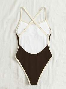 Swim SPRTY 新款夏季女士露背交叉绑带撞色滚边黑色性感度假连体泳衣 - 棕色 - 查看 7