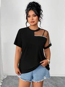 Elenzga Plus Size T-Shirt With Beaded Mesh Short Sleeve Round Neck - Black - View 1