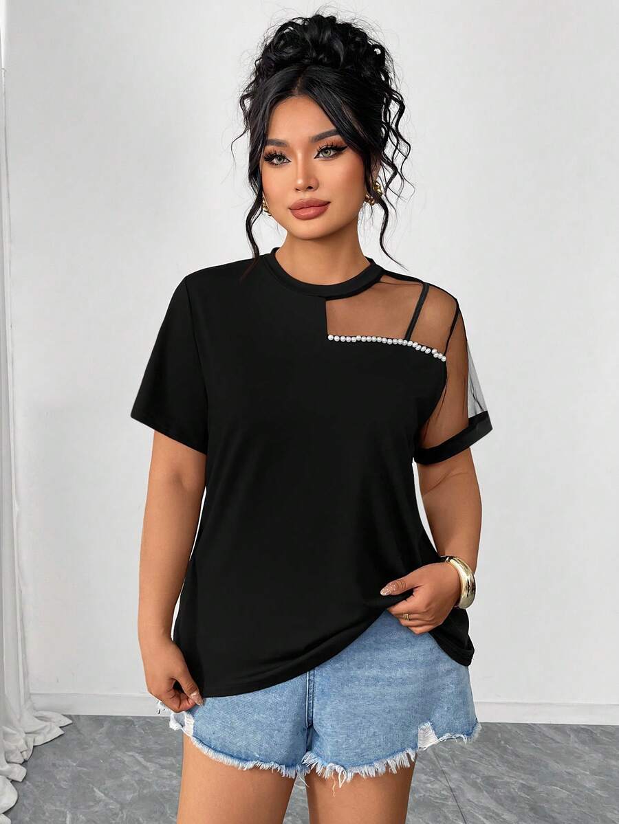 Elenzga Plus Size T-Shirt With Beaded Mesh Short Sleeve Round Neck - Black - View 1
