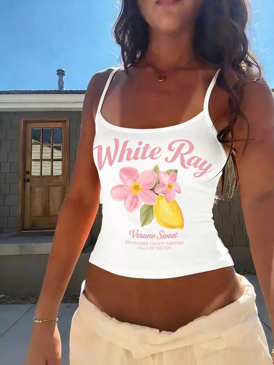 EMERY ROSE 女款花卉標語印花短版時尚沙灘度假休閒細肩帶背心 白色夏季 Y2K 可愛風 - 彩色 - 查看 1