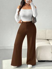 SHEIN EZwear 大码棕色休闲高腰直筒裤 - 棕色 - 查看 8