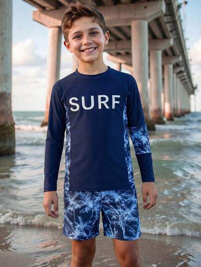 Fantacosmos Tween Boys Swimwear, Green Coconut Tree Print Casual Sporty Swimsuit, Suitable For Vacation And Summer