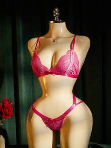 SpicyHot 2pcs Lace Bra Set,Extremely Lingerie For Women,Adult Honeymoon Date Night Outfit,Hot Pink,Summer,Sexy,Wedding Guest Lingerie Set - Hot Pink - View 8