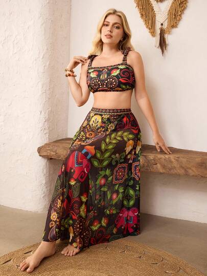 Swim Oasis Plus Size Swimsuit High-End Set With Printed Chiffon Skirt, European And American Fashion Swimwear