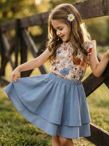 Emery Rose Kids Emery Rose Kids Conjunto de 2 peças para meninas: blusa casual floral miúda e minissaia em tecido plano. Vestidos infantis para meninas, roupas de verão estilo boho para adolescentes, vestidos casuais para meninas, vestido curto para meninas. - Azul - Ver 3
