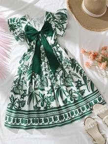 Spring/Summer Tween Girls' Vacayshion Sweet Cute Tropical Plant Green Print V-Neck Patchwork Contrast Color Bow Back Maxi Dress, Suitable For Vacation, Party, Daily Wear, Wedding Season - Green - View 2