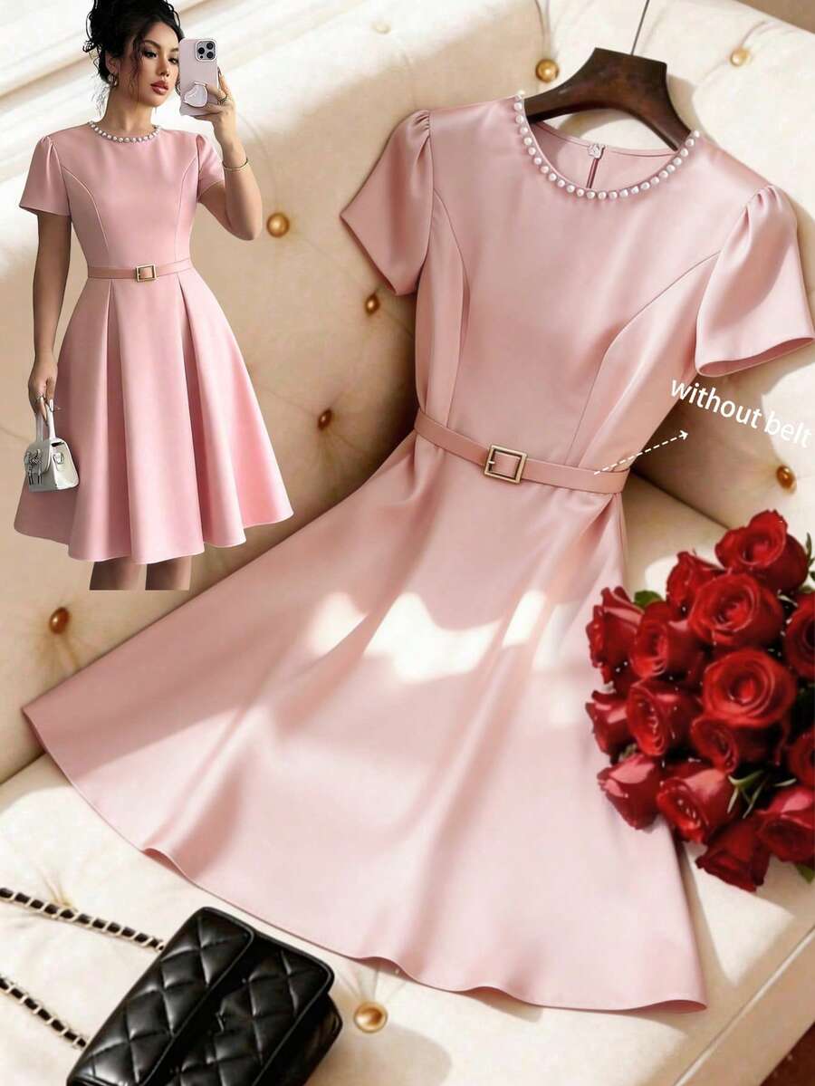 GlowEve Women's Pearl Decor Round Neck Short Sleeve Satin Mini Dress, Spring/Summer - Dusty Pink - View 1