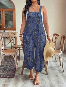 EMERY ROSE Plus Size Women's Adjustable Waist Printed Jumpsuit, Fashionable For Spring/Summer Vacation - Blue - View 6