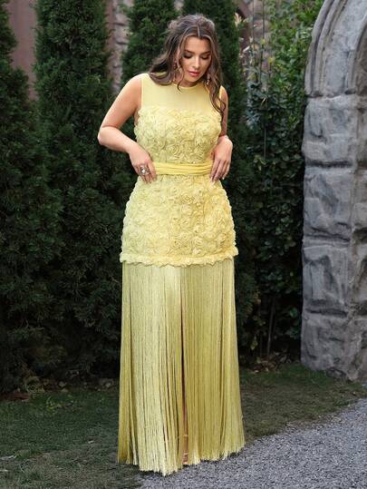 VOLUPTÉ CURVE Vestido maxi de gasa con flores 3D, cuello redondo, sin mangas, cintura con lazo, color amarillo claro, elegante y romántico, adecuado para fiestas, cumpleaños, brunch, citas, talla grande para primavera/verano