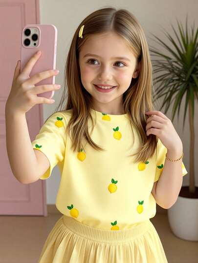Elladie kids Camiseta de manga corta con estampado gráfico de limón, uso casual para niñas, cómoda para usar a diario en primavera, verano y otoño