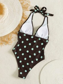 Swim Mod Nuevo traje de baño de una pieza para mujer, con tirantes gruesos, estampado de lunares, sexy y con espalda descubierta, para vacaciones en la playa, Primavera/Verano 2026 - Marrón - Ver 2
