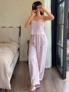 SHEIN Bộ đồ ngủ 2 mảnh dành cho nữ, gồm áo hai dây và quần dài kẻ sọc có nơ. - Hồng - Xem 4