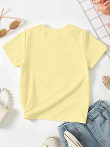 SHEIN T-shirt à manches courtes imprimé floral blanc frais et créatif pour filles, confortable pour le port quotidien au printemps, en été et en automne - Jaune citron - Voir 2