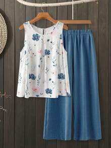EMERY ROSE Conjunto de 2 piezas de top estampado sin mangas de cuello redondo y pantalones de pierna ancha con bolsillos, talla grande - Azul y blanco - Ver 1