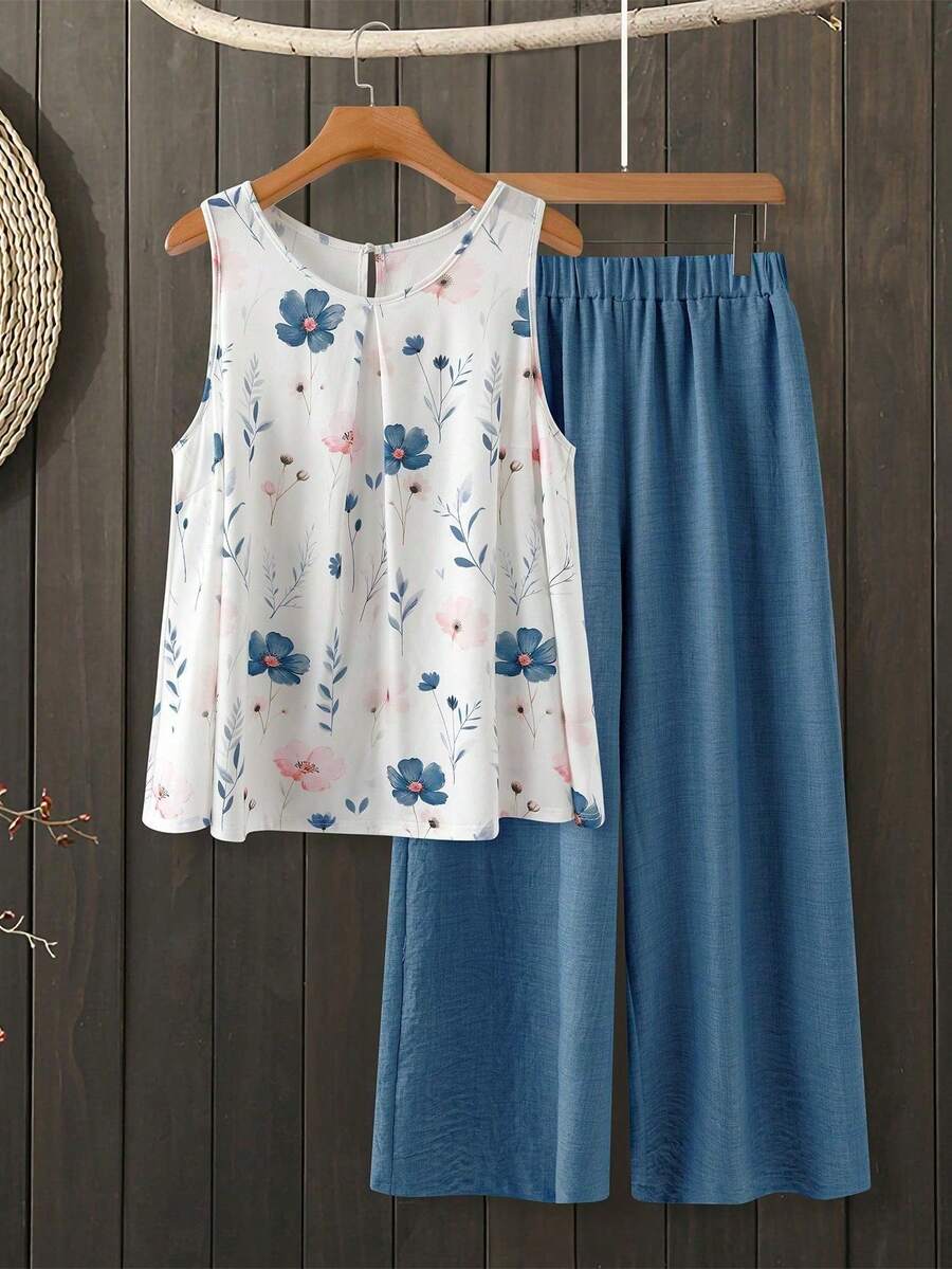 EMERY ROSE Conjunto de 2 piezas de top estampado sin mangas de cuello redondo y pantalones de pierna ancha con bolsillos, talla grande - Azul y blanco - Ver 1