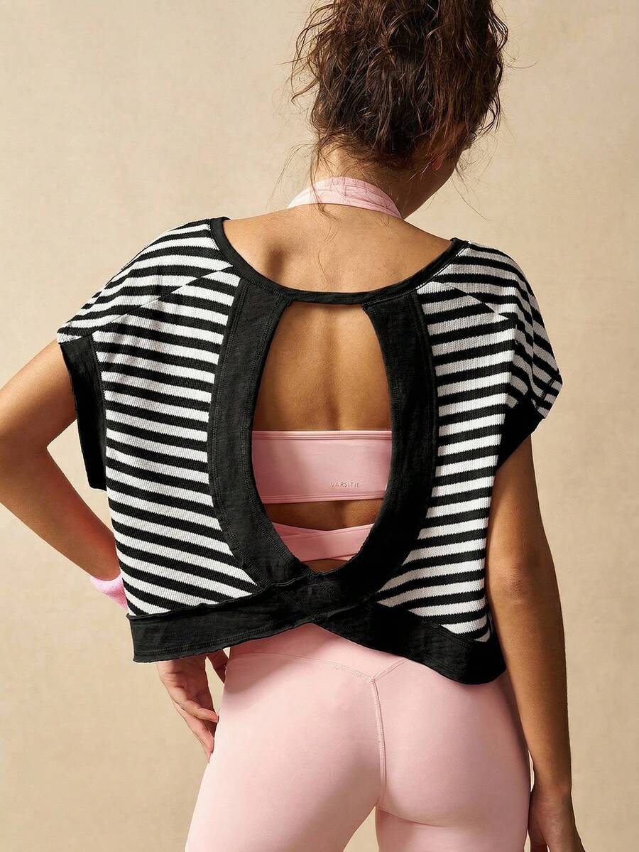 VARSIVA Tops de mujer para hacer ejercicio, camiseta y top deportivo a rayas de moda, adecuado para el verano - Blanco y Negro - Ver 1