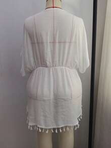 Swim Lushoire 大码女士和服睡袍，轻薄透气，开衩设计，流苏边饰，宽松腰带，黑色，成熟优雅，适合度假、沙滩穿着 - 白色 - 查看 5