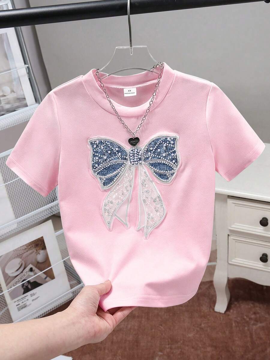 Elladie kids 女童串珠蝴蝶结刺绣圆领短袖休闲标准尺码T恤 - 粉色 - 查看 1