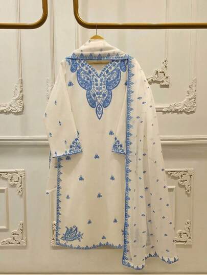 GlowEve White Base Blue Floral Print Long Sleeve Loose Dress With Shawl, Women 2 Pieces Set