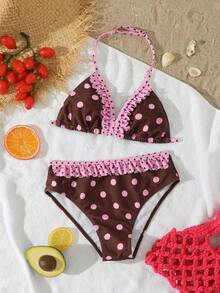 SHEIN 少女泳衣套装，杏色简约条纹花卉图案，适合海滩度假派对，春夏款 - 彩色 - 查看 1