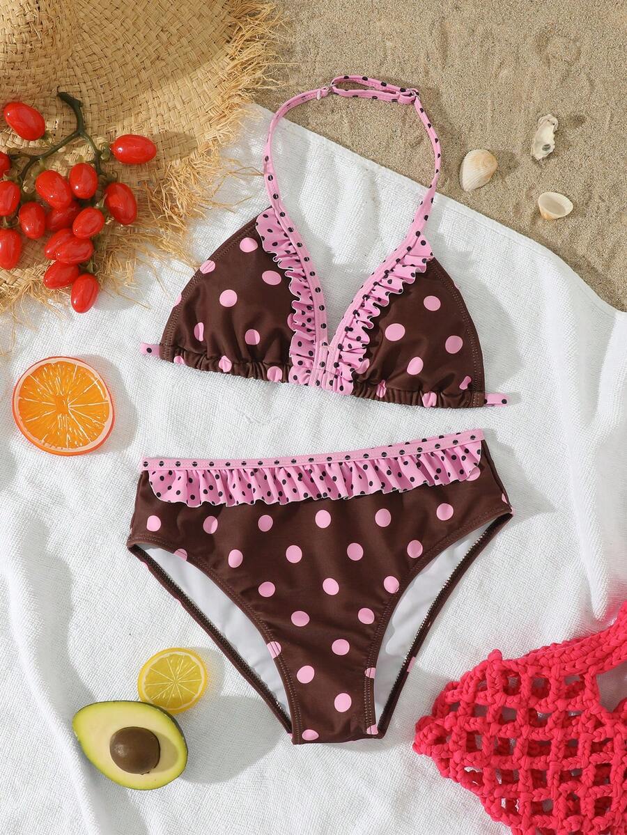 SHEIN 少女泳衣套装，杏色简约条纹花卉图案，适合海滩度假派对，春夏款 - 彩色 - 查看 1