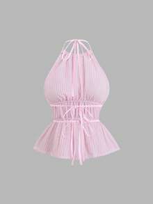 SHEIN Sweetro Spring/Summer Romantic Girl Pink Ruffle Striped Halter Loose Straight Leg Elastic Waist Pants 2 Pieces Set - Pink - View 7