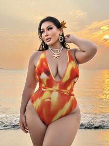 Swim SXY Áo tắm liền thân cỡ lớn in họa tiết tie-dye, hở lưng, cổ yếm - Nhiều màu - Xem 4