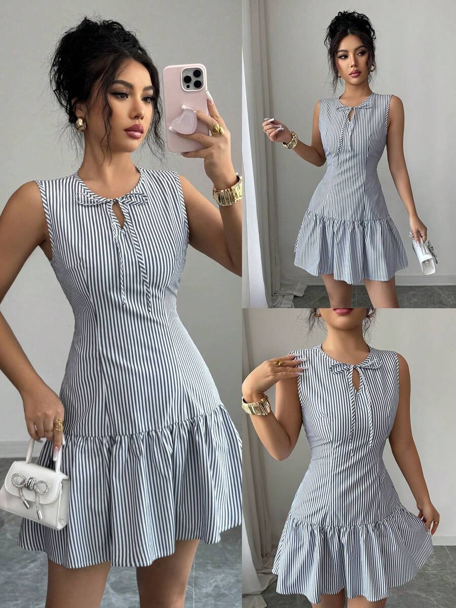 Modelyn Women's Striped Round Neck Hollow Out Sleeveless Casual Mini Dress Sleeveless Dress Summer Outfits For Women Dress Striped Dress New Arrival Dress For Women Casual Short Dress Striped Dress For Women Sleeveless Mini Dress - Blue - View 1