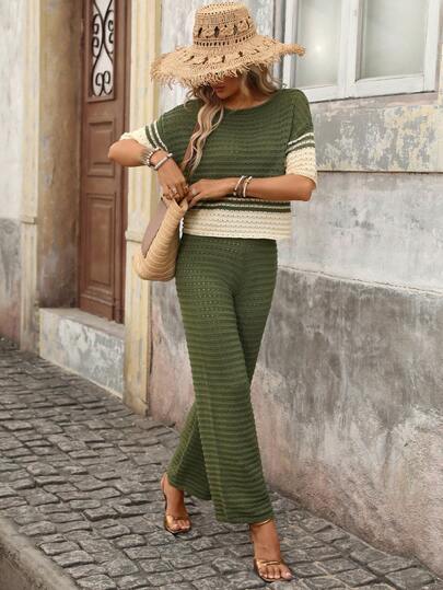 Brillora 女士撞色圆领短袖针织上衣和针织裤休闲两件套