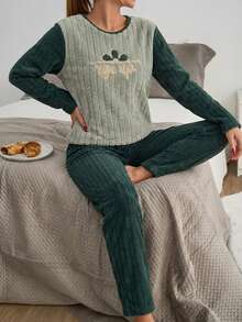 WovenCharm Women Fuzzy Fabric With Lettered Embroidery Detail Rib Knit Homewear Comfort Lounge Pajama Set For Ladies Green Pajama Set Cozy Sets Women Comfy Pajamas Set Green Pj Set Pajama Sets For Women Winter - Green - View 3