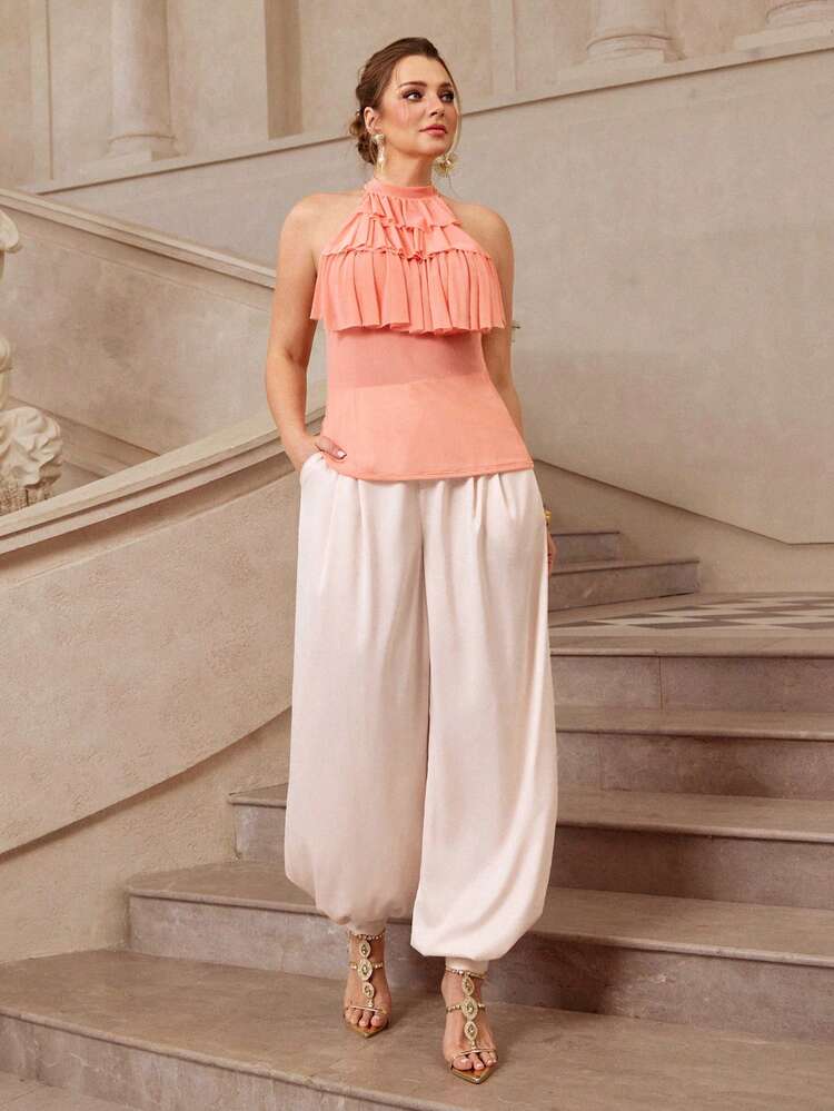 VOLUPTÉ CURVE Áo croptop xếp tầng, cổ cao, không tay, ôm dáng, chất liệu chiffon, cỡ lớn, thích hợp mặc thường ngày và đi nghỉ mát cho nữ, phù hợp cho mùa xuân/hè. - trái cam - Xem 3
