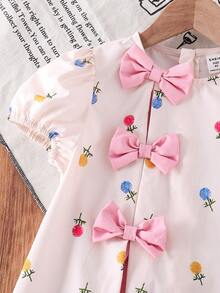 SHEIN Young Girl Woven Colorblock Round Neck Floral Puff Sleeve Dress - Multicolor - View 10