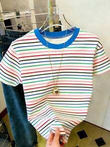 Camiseta de manga corta de cuello redondo a rayas para mujer, de uso versátil y casual para el día a día - Multicolor - Ver 3