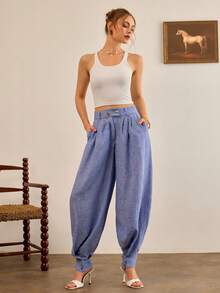 CasuGlow Women Wide Leg Pants Fake Linen - Blue - View 2