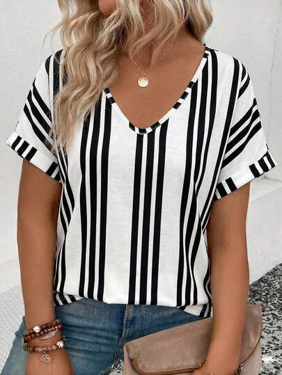 EMERY ROSE New Arrival Plus Size Women Casual Versatile Striped V-Neck Short Sleeve Top