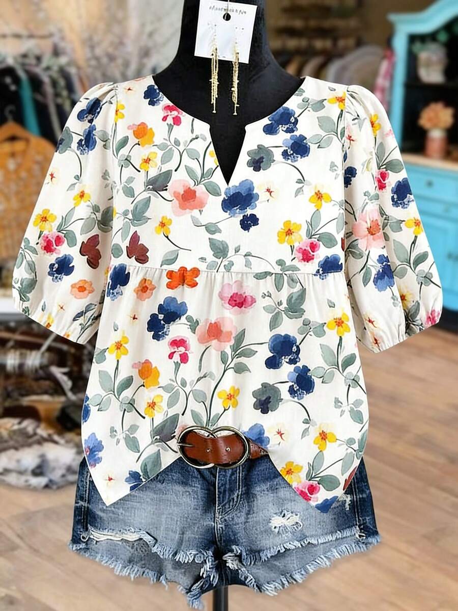 Linhara 大码女式印花V领泡泡袖休闲衬衫，情人节款 - 彩色 - 查看 1