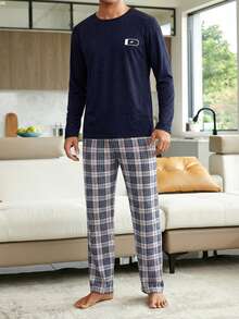 Cottnline Men Letter Printed Long Sleeve Regular T-Shirt And Pants Loungewear Set - Navy Blue - View 3