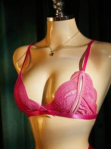 SpicyHot 2pcs Lace Bra Set,Extremely Lingerie For Women,Adult Honeymoon Date Night Outfit,Hot Pink,Summer,Sexy,Wedding Guest Lingerie Set - Hot Pink - View 3