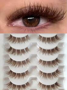 6对棕色仿貂毛假睫毛，透明梗猫眼纤长浓密款，蓬松自然，3D卷翘浓密型，透明柄化妆工具，派对礼物 - 眼尾拉長款 - 查看 6