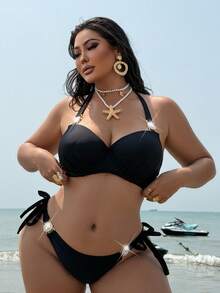 Swim SXY Plus Size 2026 Black Summer Classy Sexy Beach Vacation Holiday Bikini Set For Women, Halter Deep V Neck Rhinestone Accents, Adjustable Tie Low-Rise - Black - View 3