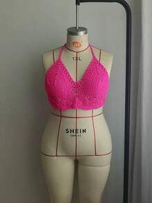 Flirla Plus Size Women Handmade Crochet Neck Tie Beach Cover Up Knitted Cover Up For Summer Beach Vacation - Hot Pink - View 8