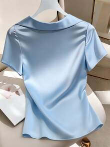 GlowEve Blusa de satén tejido con cuello en V y mangas cortas para mujer, elegante para la oficina, nueva camisa de moda para primavera/verano - Azul - Ver 2