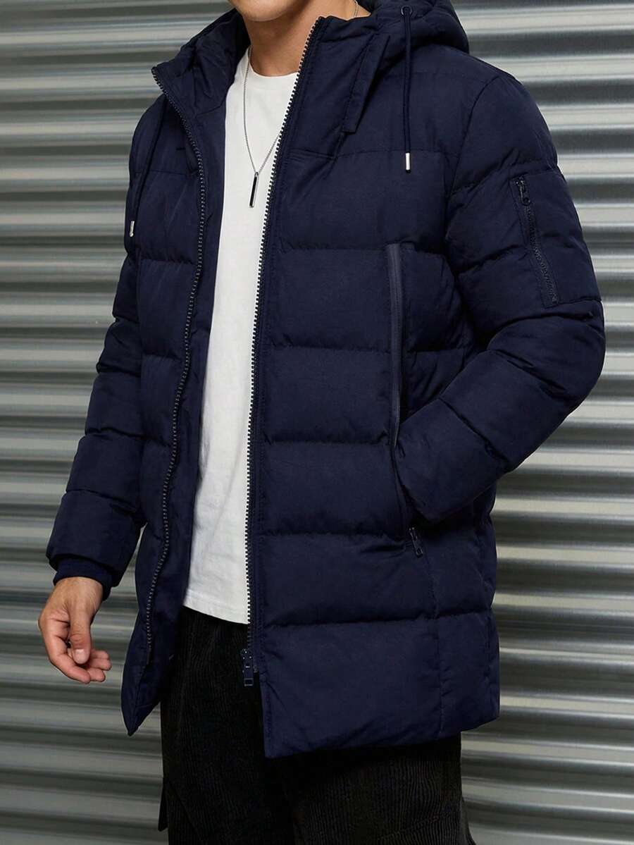 Cottnline Men's Young Casual Textured Grid Fabric Slim Fit Padded Coat - Navy Blue - View 1