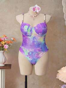 SHEIN Swim Curve 大码女士珍珠串珠交叉肩带带衬垫连体泳衣，时尚休闲度假 - 彩色 - 查看 6