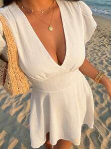 Ladies' Elegant French Woven Summer Dress - Apricot - View 1